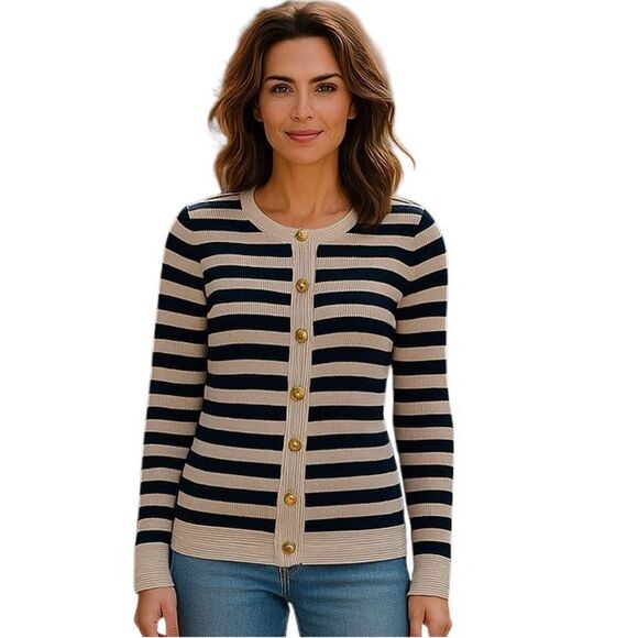Love Trend New York Button Down Cardigan Women Size Petite Large Striped Pattern - Picture 1 of 7